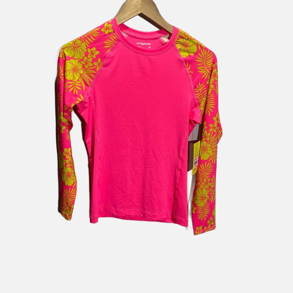 O'rageous‎ Womens Pink Citron Floral Rash Guard Long Sleeve UPF 50 Swim Top M